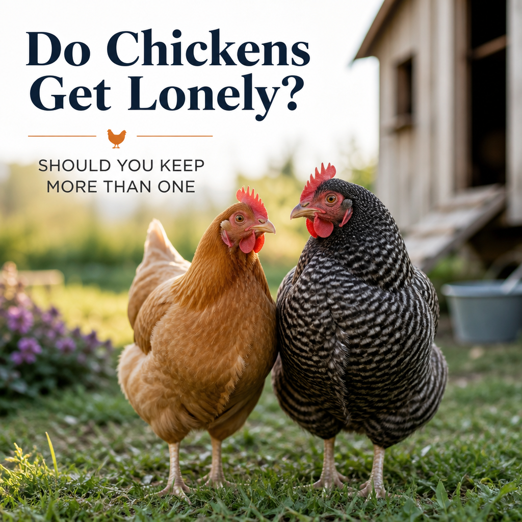 Two chickens standing on grass by a coop with text about whether chickens get lonely