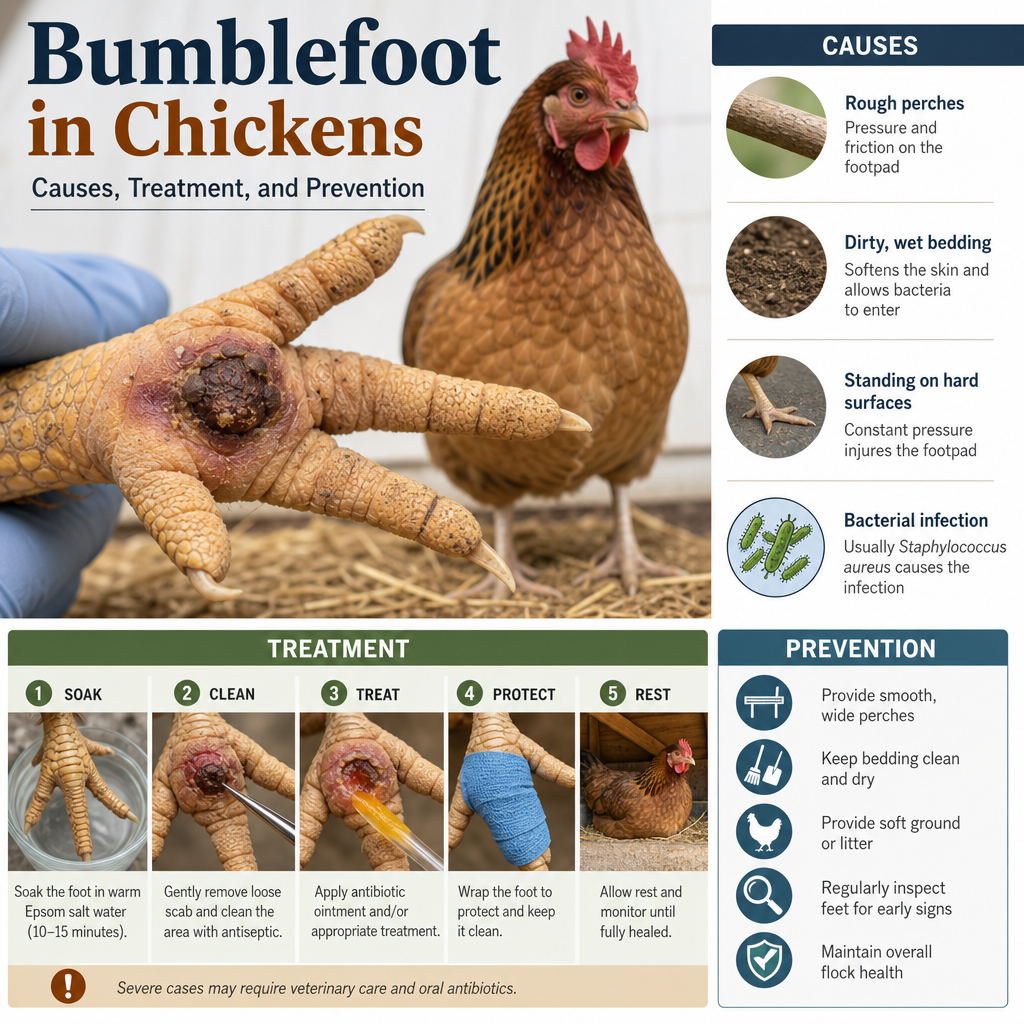 Infographic on bumblefoot in chickens showing causes, treatment, and prevention tips