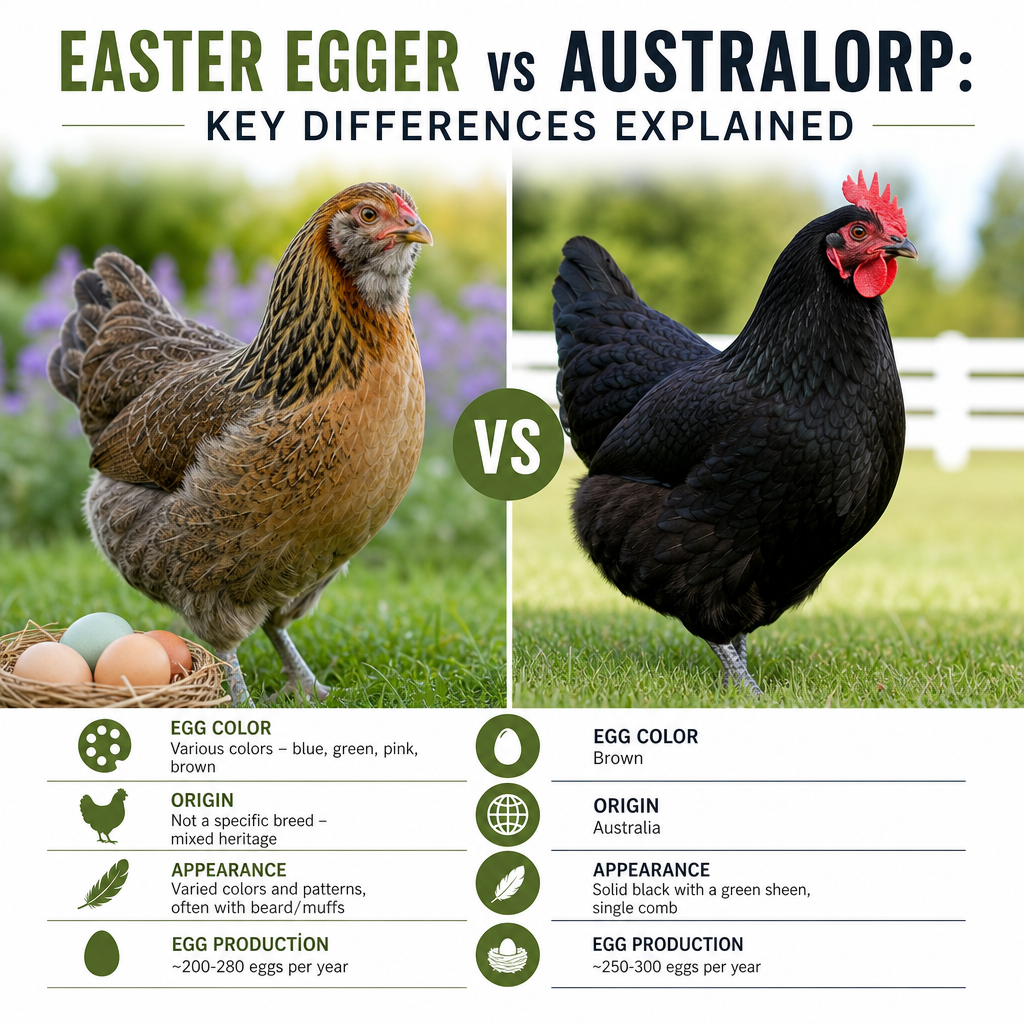 Comparison chart of Easter Egger vs Australorp chickens showing egg color, origin, appearance, and production