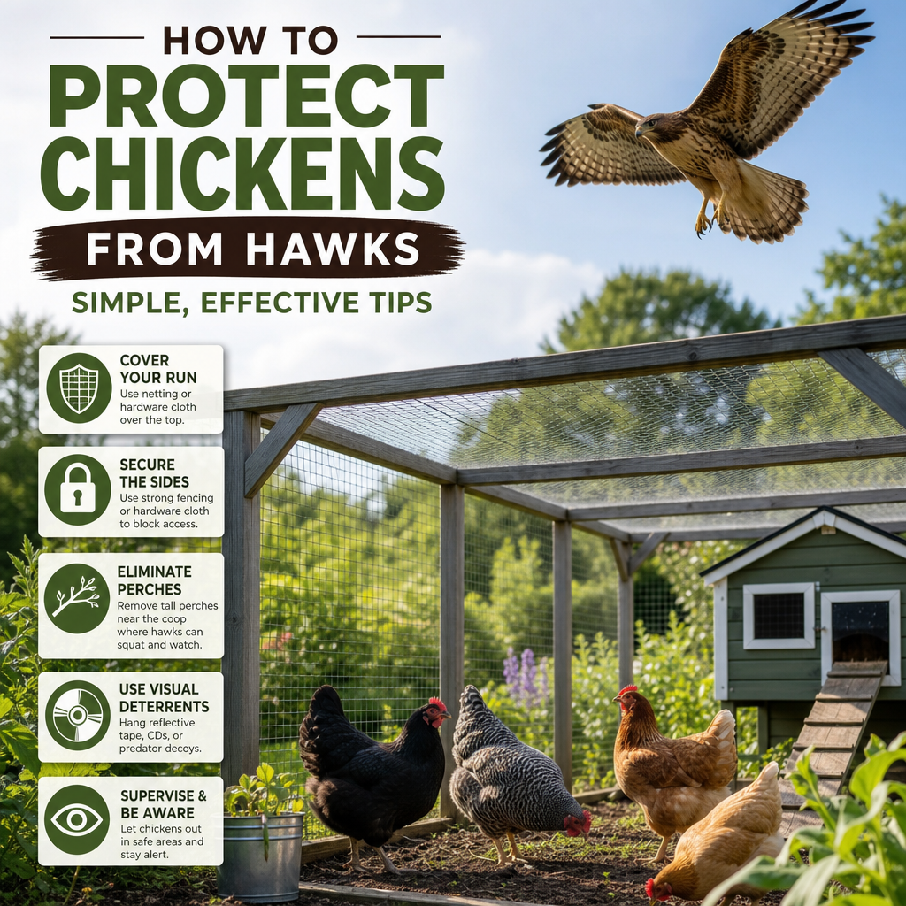 Illustration of protecting chickens from hawks with a secure coop and visual deterrents