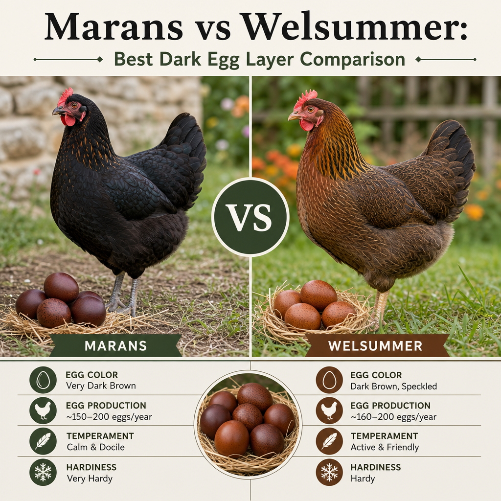 Marans vs Welsummer comparison showing dark egg color, laying rate, temperament, and hardiness