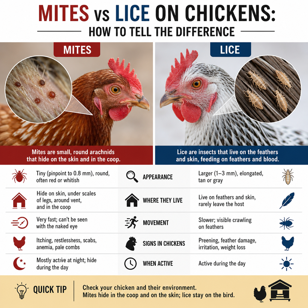 Infographic comparing mites vs lice on chickens, showing key differences for easy identification