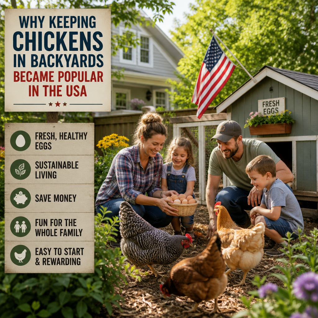 Family tending backyard chickens in a USA yard, highlighting fresh eggs, sustainability, and cost savings