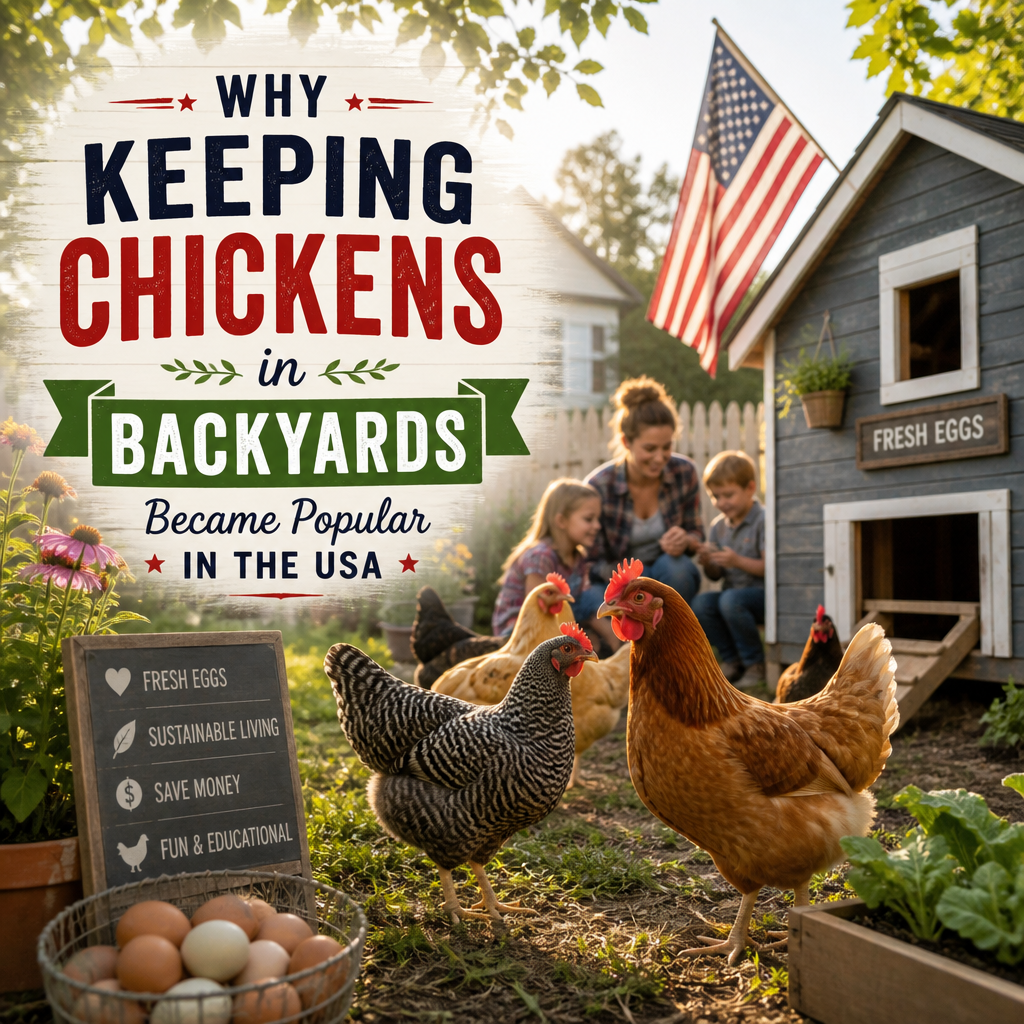 Illustration of backyard chickens in a U.S. yard, symbolizing fresh eggs and sustainable living
